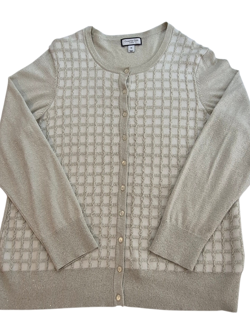 Charter Club 1X Metallic Shimmer Cardigan Sweater Gold Grid Knit Plus Size